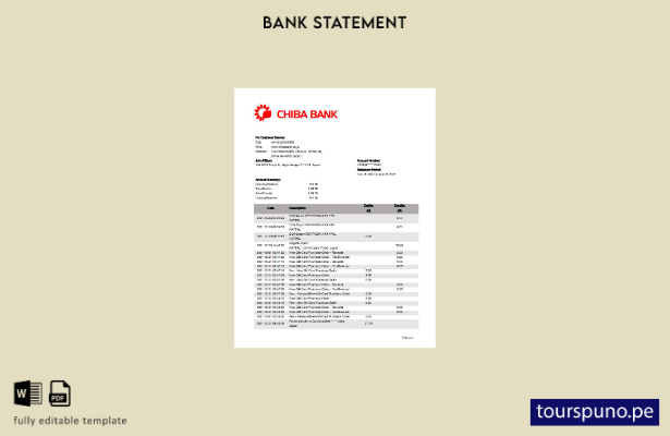 listo para imprimir el extracto bancario de Japón Chiba en Excel. plantilla