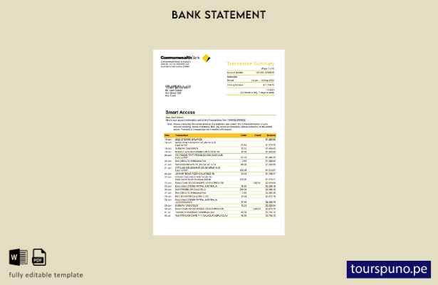 listo para imprimir extracto bancario de la Commonwealth de Australia, plantil 1