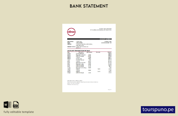 listo para imprimir plantilla de Excel de extracto bancario ABSA de Sudáfrica