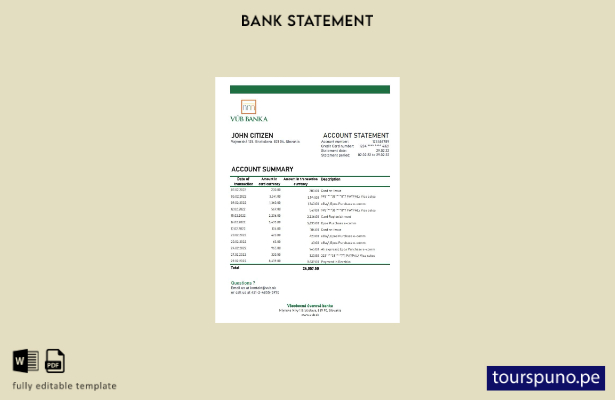 listo para imprimir plantilla de Excel de extracto bancario VUB de Eslovaquia