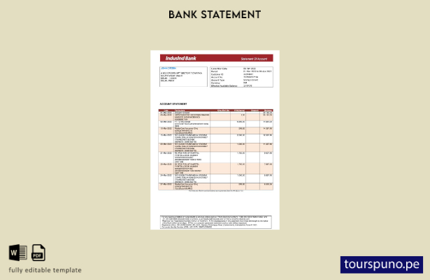 listo para imprimir plantilla de Excel de extracto bancario de India IndusInd