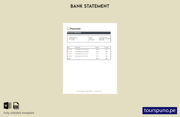 listo para imprimir plantilla de Excel de extracto bancario de Payoneer de EE. U