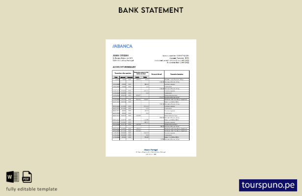 listo para imprimir plantilla de Excel de extracto bancario de Portugal Abanca