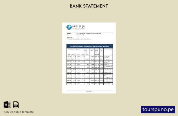 listo para imprimir plantilla de Excel de extracto bancario de Shinhan de Corea