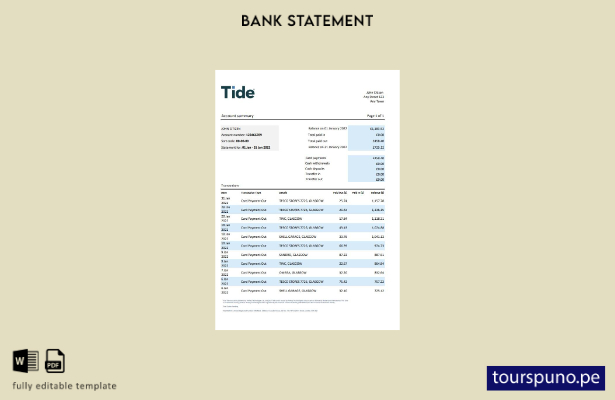 listo para imprimir plantilla de Excel de extracto bancario de Tide del Reino Un