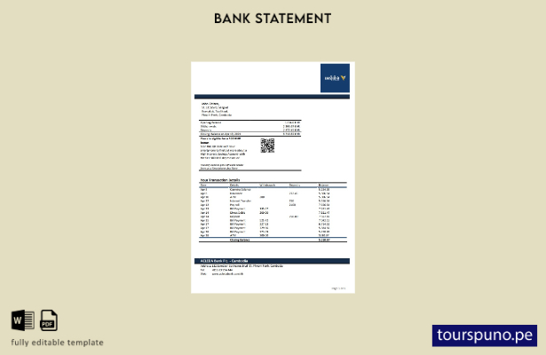 listo para imprimir plantilla de extracto bancario Acleda de Camboya