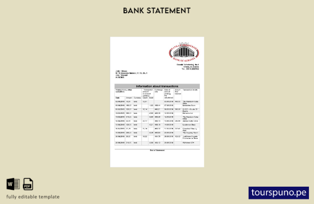 listo para imprimir plantilla de extracto bancario del Banco de Albania