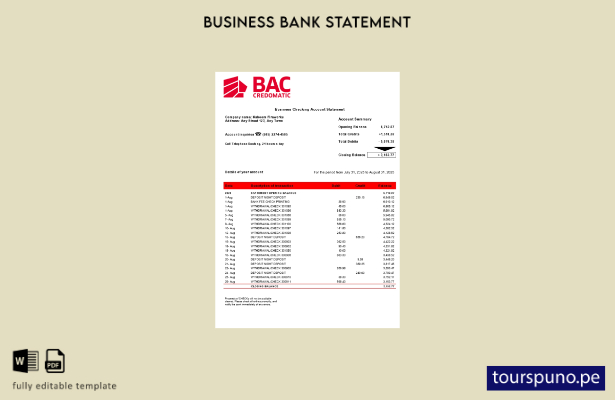 listo para imprimir BAC Credomatic declaración empresarial plantilla en formato
