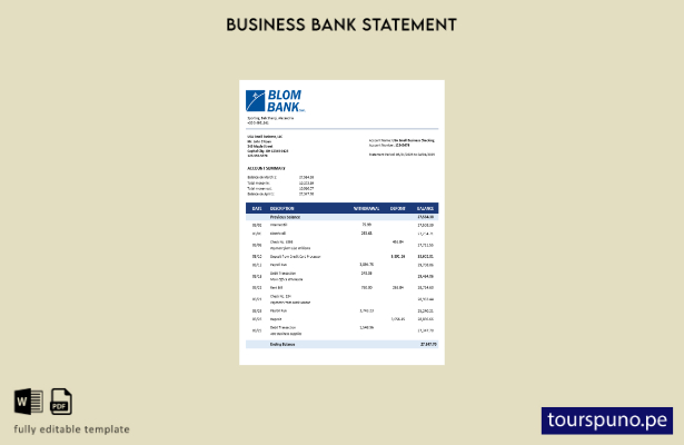 listo para imprimir Plantilla de extracto de cuenta empresarial de Blom Bank of
