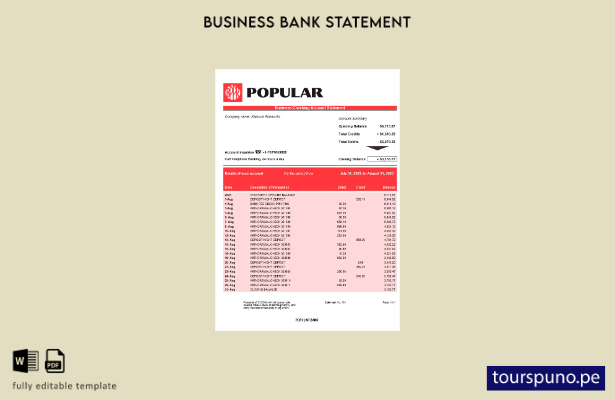 listo para imprimir Plantilla de extracto de cuenta firme de Popular Bank Planti