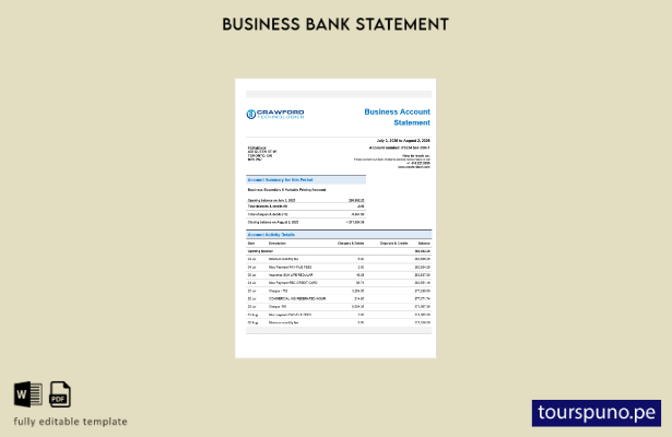 listo para imprimir extracto bancario comercial de CrawfordTech plantilla en for