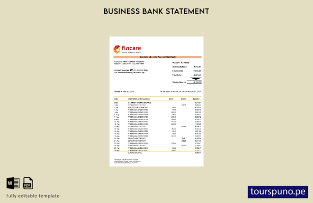 listo para imprimir extracto bancario de cuenta de empresa comercial Fincare Pla