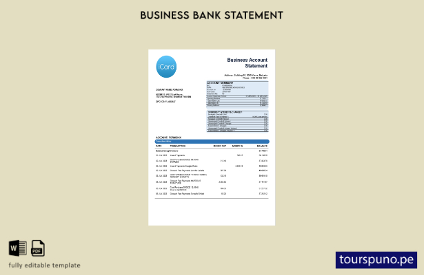 listo para imprimir extracto bancario empresarial iCard Plantilla en formato Wor