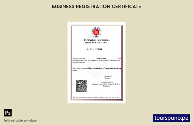 Plantilla de certificado de incorporación de Bangladesh lista para imprimir 1