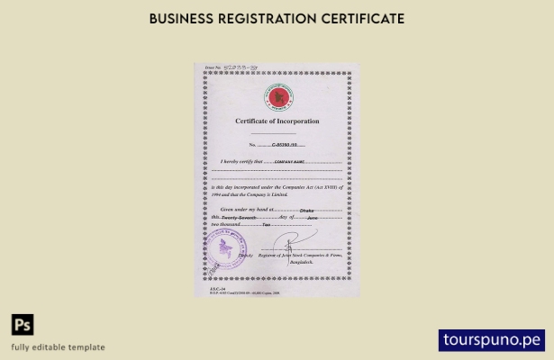 Plantilla de certificado de incorporación de Bangladesh lista para imprimir