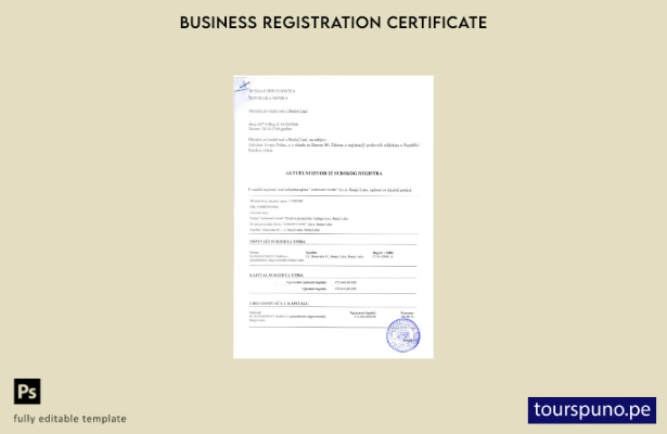 Plantilla de certificado de registro de Bosnia y Herzegovina lista para imprimir