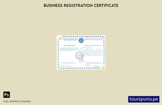 Plantilla de certificado de registro de Etiopía lista para imprimir