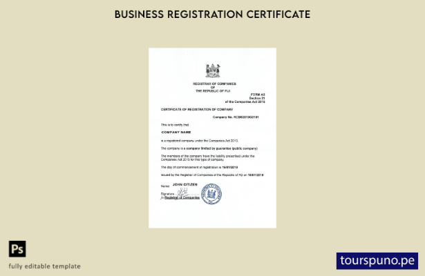 Plantilla de certificado de registro de Fiji lista para imprimir