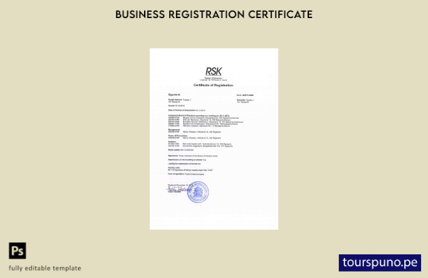 Plantilla de certificado de registro de Islandia lista para imprimir