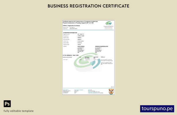 Plantilla de certificado de registro de Sudáfrica lista para imprimir