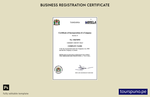listo para imprimir Certificado de constitución de empresa de Tanzia Plantilla d