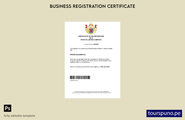 listo para imprimir Certificado de registro comercial de Luxemburgo Plantilla de