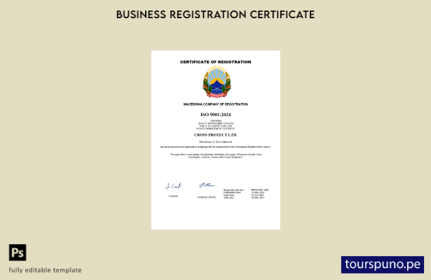 listo para imprimir Certificado de registro comercial de Macedonia Plantilla de