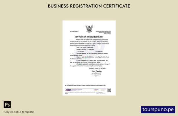 listo para imprimir Certificado de registro comercial de Tailandia Plantilla de