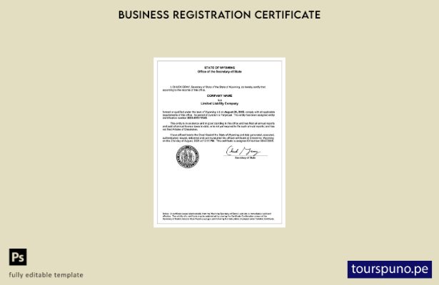 listo para imprimir Certificado de registro de EE. UU. Wyoming Plantilla de plan