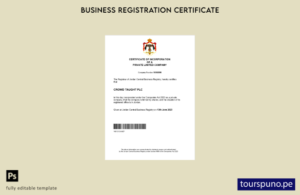 listo para imprimir Certificado de registro de Jordania Plantilla de plantilla d