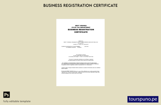 listo para imprimir Certificado de registro de empresa de Virginia Occidental de
