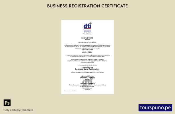 listo para imprimir Certificado de registro de nombre comercial de Filipinas Pla