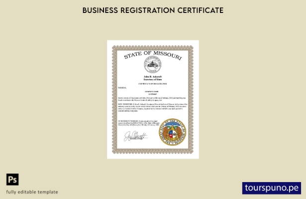 listo para imprimir Plantilla de certificado de organización de EE. UU. Missouri