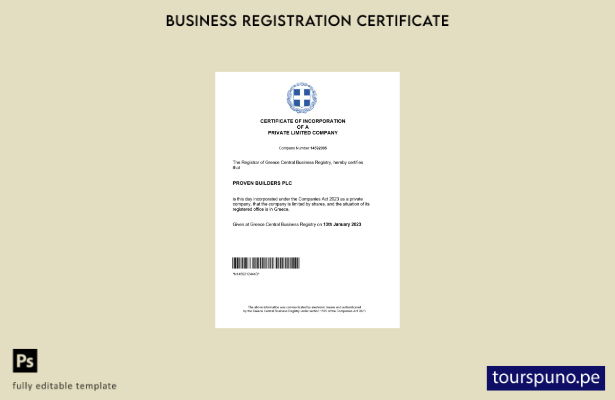 listo para imprimir Plantilla de certificado de registro de Grecia Plantilla de