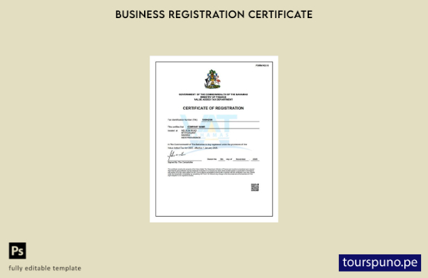 listo para imprimir Plantilla de certificado de registro de IVA de Bahamas Plant