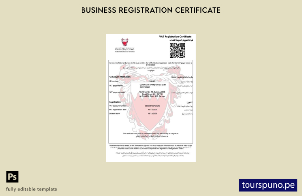 listo para imprimir Plantilla de certificado de registro de IVA de Bahrein Plant