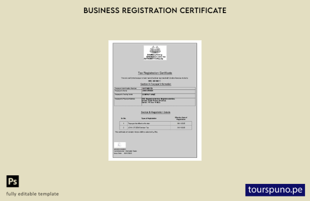 listo para imprimir Plantilla de certificado de registro de impuestos de Zambia