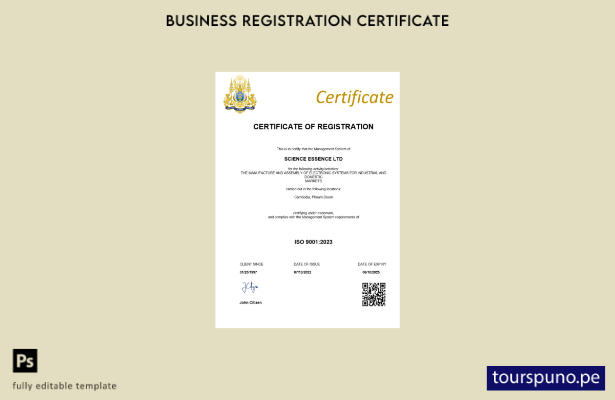listo para imprimir Plantilla de plantilla de certificado de registro de Camboya