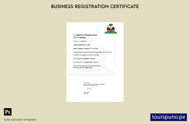 listo para imprimir Plantilla de plantilla de certificado de registro de Haití e