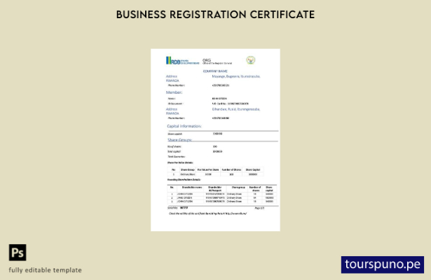 listo para imprimir Plantilla de plantilla de certificado de registro de Ruanda