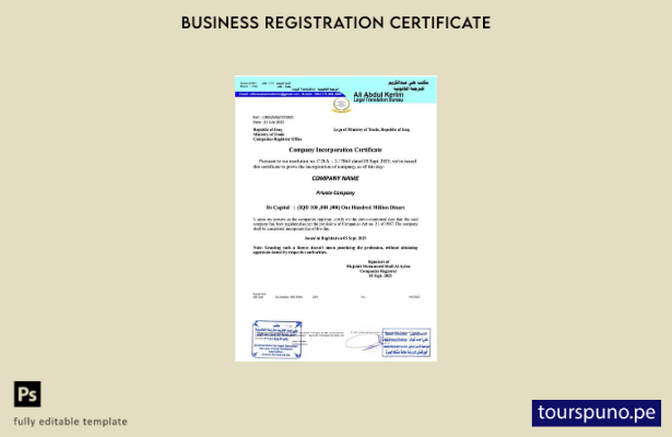 listo para imprimir certificado de constitución de empresa en Irak Plantilla de