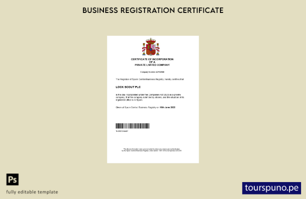 listo para imprimir certificado de registro empresarial de España Plantilla de p