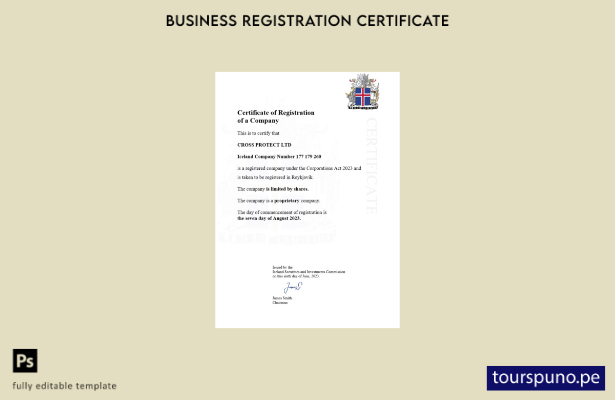 listo para imprimir plantilla de plantilla de certificado de registro de Islandi