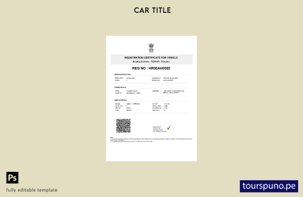 Plantilla de certificado de registro de vehículo de India lista para imprimir
