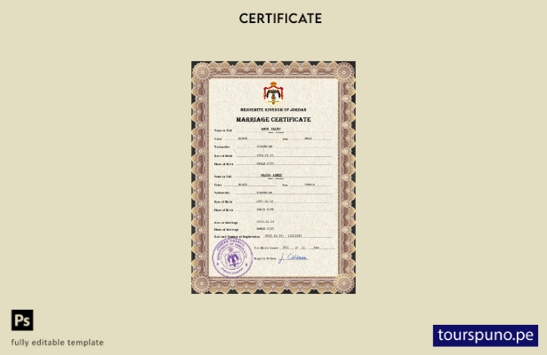 Plantilla PSD de certificado de matrimonio de Jordania lista para imprimir
