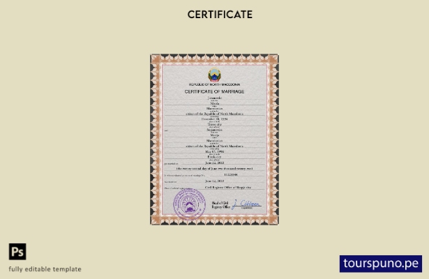 Plantilla PSD de certificado de matrimonio de Macedonia del Norte lista para imp