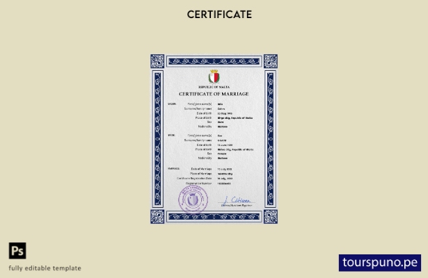 Plantilla PSD de certificado de matrimonio de Malta lista para imprimir