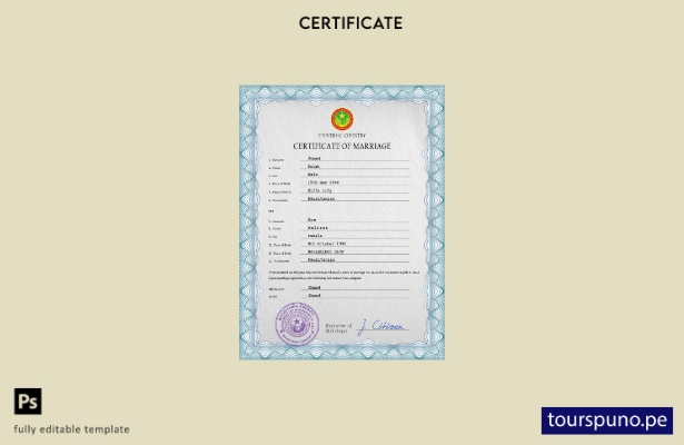 Plantilla PSD de certificado de matrimonio de Mauritania lista para imprimir