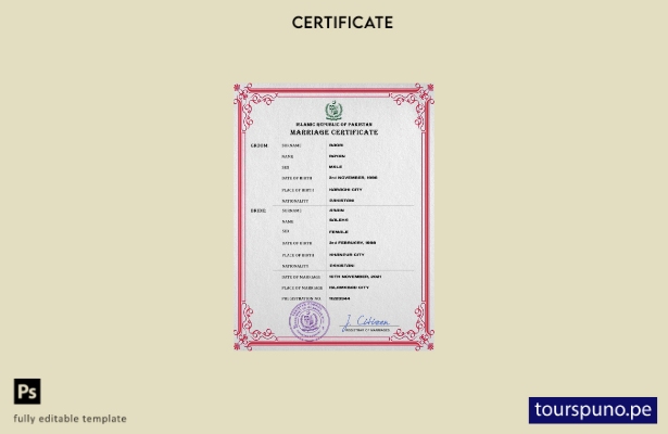 Plantilla PSD de certificado de matrimonio de Pakistán listo para imprimir