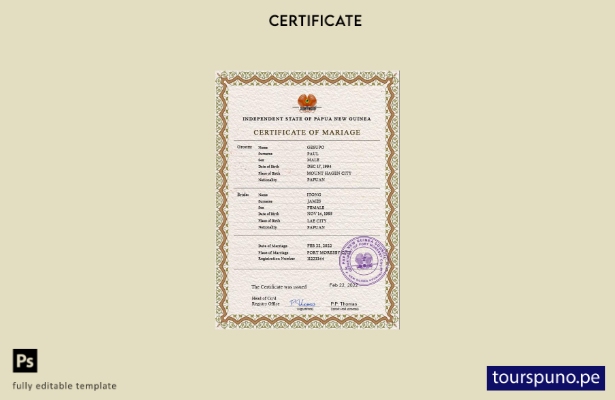 Plantilla PSD de certificado de matrimonio de Papúa Nueva Guinea lista para impr